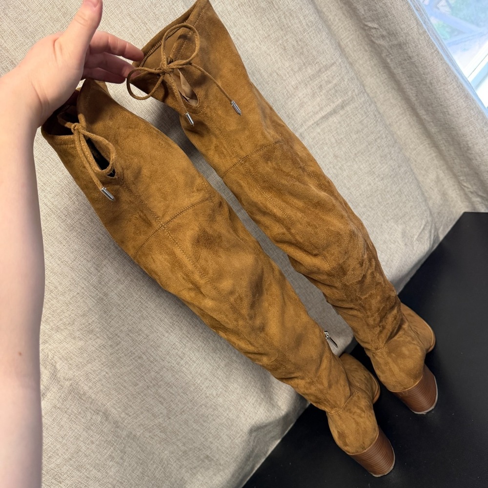 Marc Fisher Over the Knee Pointed Toe Boots Women 8M Brown Suede Side Zip Heeled - Picture 5 of 11